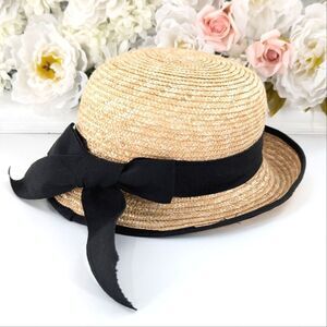 Tirabasso Italian Straw Wicker Black Bow Sun Hat Adjustable Kids Size Small/XS